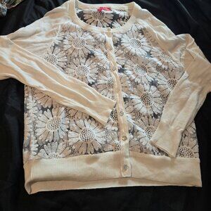 CHARLOTTE Cotton & Nylon Sheer Daisy Print White Cardigan NWOT/SIZE M